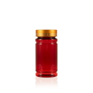 150cc Red PET Plastic Packer Bottle (F2080P0150) with Electroplated Gold Plastic Cap (Hot Stamped Double Lines on the Side)