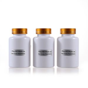 175cc Opaque White PET Plastic Packer Bottle (F2201P0175) with Electroplated Gold Plastic Cap (Hot Stamped Double Lines on the Side)