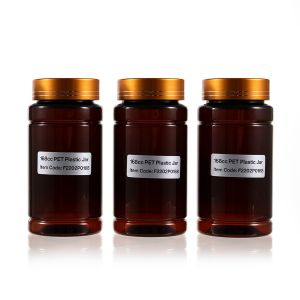 168cc Amber PET Plastic Packer Bottle (F2202P0168) with Electroplated Gold Plastic Cap (Hot Stamped Double Lines on the Side)