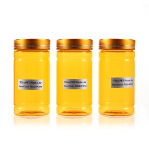 175cc Yellow PET Plastic Packer Bottle (F2203P0175) with Electroplated Gold Plastic Cap (Hot Stamped Double Lines on the Side)