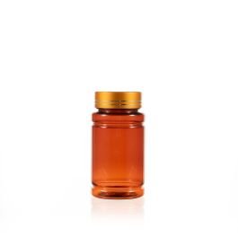 100cc Amber PET Plastic Packer Bottle (F2024P0100) with Electroplated Gold Plastic Cap (Hot Stamped Double Lines on the Side)
