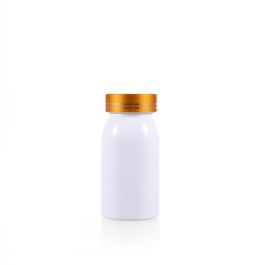 100cc White PET Plastic Packer Bottle (F2035P0100) with Electroplated Gold Plastic Cap (Hot Stamped Double Lines on the Side)