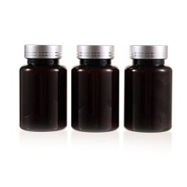 120cc Amber PET Plastic Packer Bottle (F3001P0120) with Electroplated Silver Plastic Cap (Hot Stamped Double Lines on the Side)