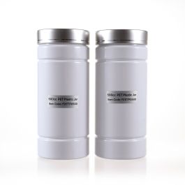 500cc White PET Plastic Packer Bottle (F2177P0500) with Electroplated Silver Plastic Cap (Hot Stamped Single Lines on the Side)