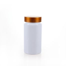 225cc Opaque White PET Plastic Packer Bottle (F3031P0225) with Electroplated Gold Plastic Cap (Hot Stamped Double Lines on the Side)