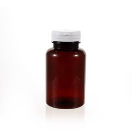 250cc Amber PET Plastic Packer Bottle (F3042P0250) with White and Yellow Tear-Off Plastic Cap